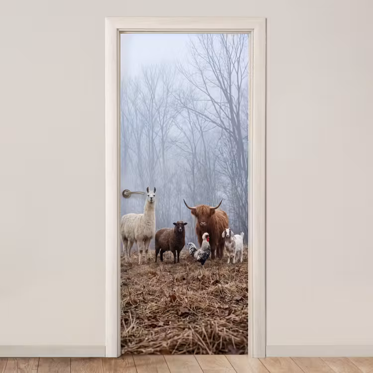 Boerderijdieren - Groep - Mist - Natuur - Rustiek deurposter klein -3d_beige