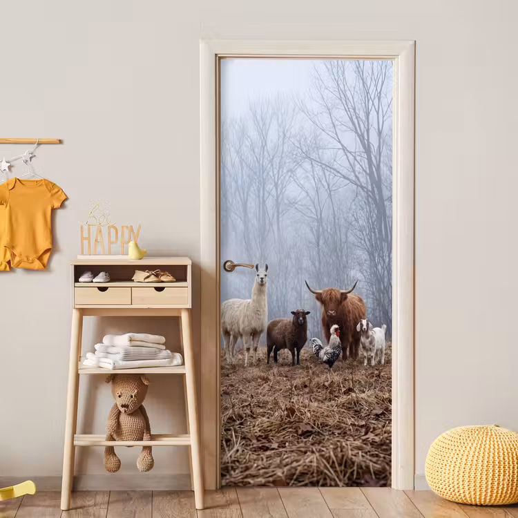 Boerderijdieren - Groep - Mist - Natuur - Rustiek deurposter klein -sfeer4