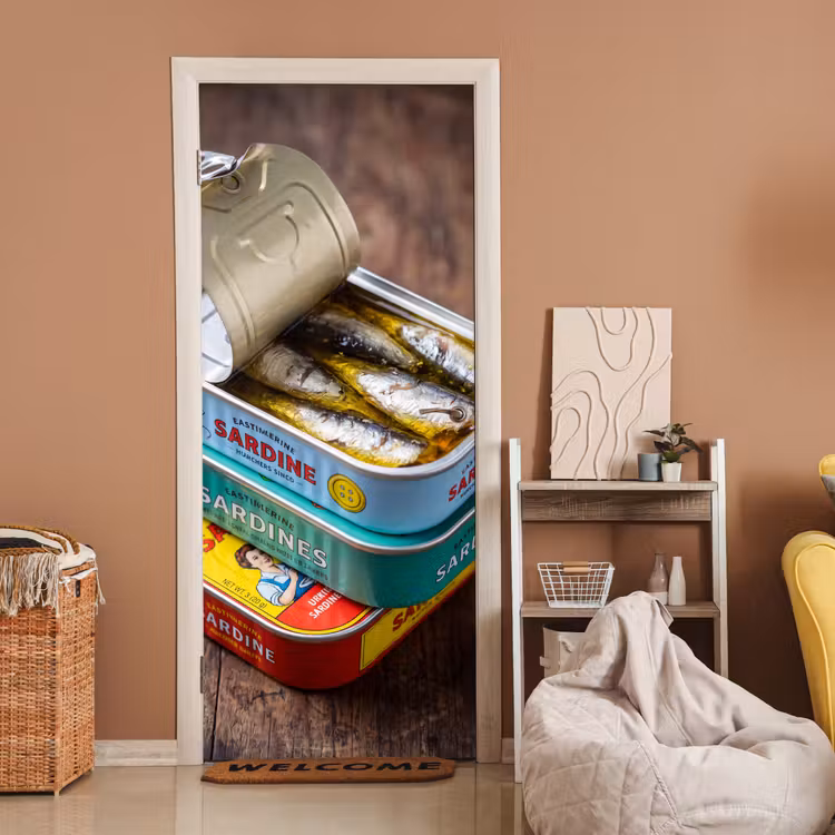 Door sticker - Fish - Cans - Kitchen - Vis - Blikjes - Keuken deurposter klein