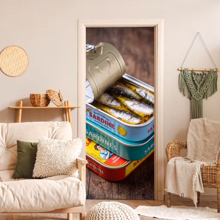 Door sticker - Fish - Cans - Kitchen - Vis - Blikjes - Keuken deurposter klein