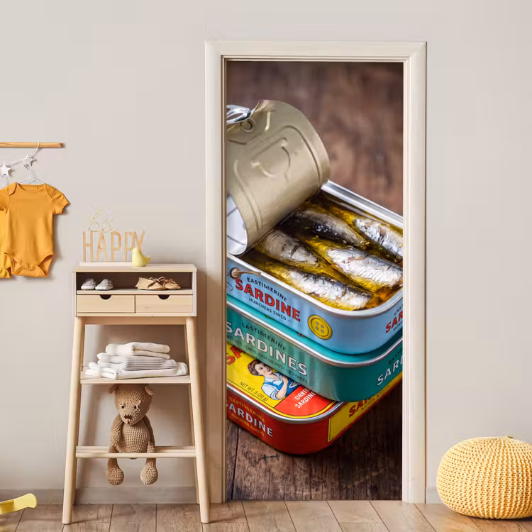 Door sticker - Fish - Cans - Kitchen - Vis - Blikjes - Keuken deurposter klein