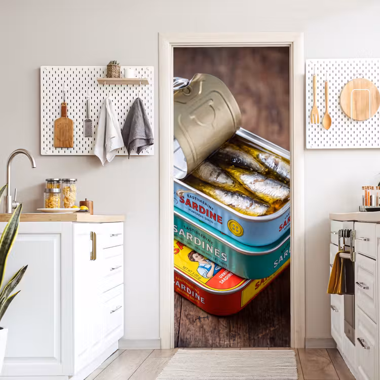 Door sticker - Fish - Cans - Kitchen - Vis - Blikjes - Keuken deurposter klein