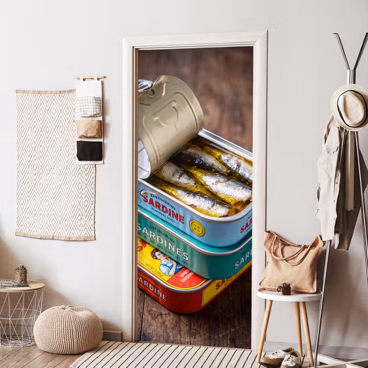 Door sticker - Fish - Cans - Kitchen - Vis - Blikjes - Keuken deurposter klein