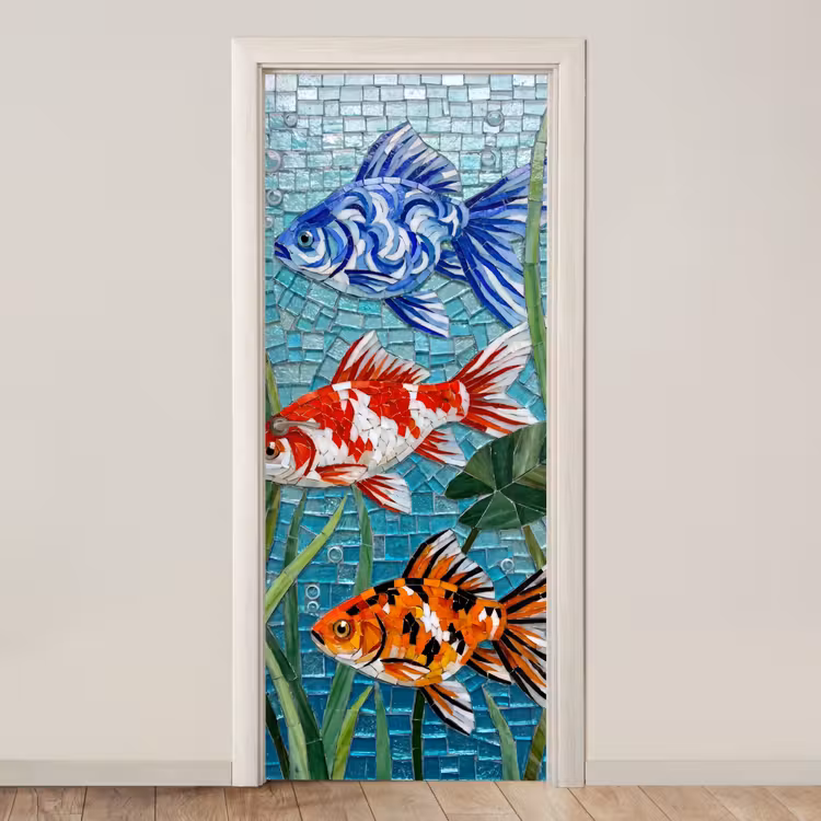 Vis - Mozaïek - Onderwater - Kleurrijk - Dieren deurposter klein -3d_beige