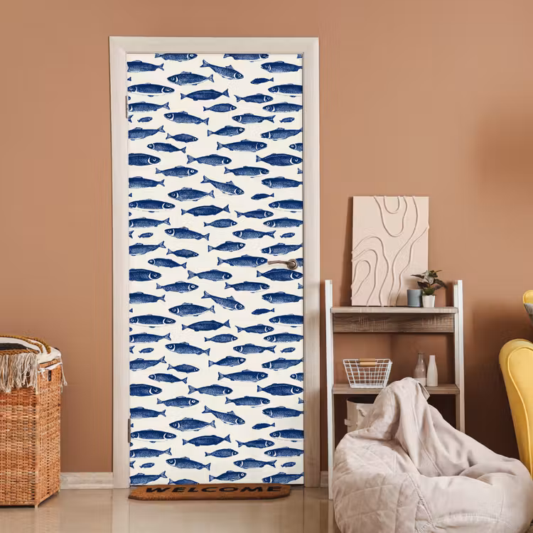Vissen - Patroon - Blauw - Wit deurposter klein 289 -sfeer1