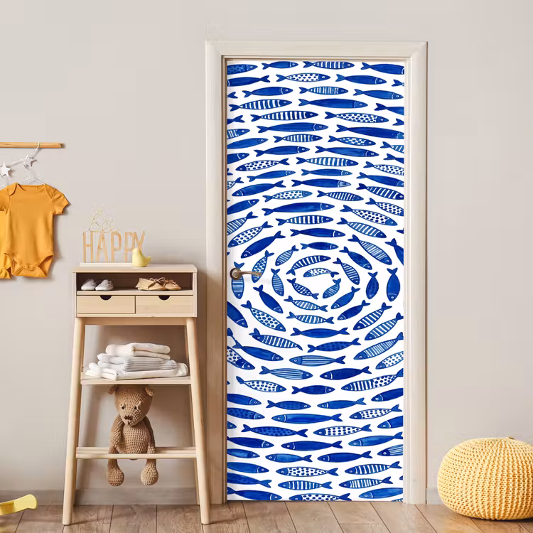 Vis - Patroon - Onderwater - Abstract - Blauw deurposter klein -sfeer4