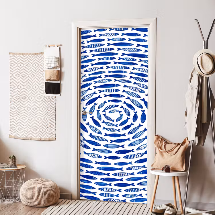 Vis - Patroon - Onderwater - Abstract - Blauw deurposter klein -sfeer6