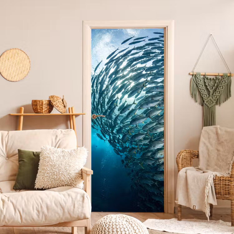 Vis - School - Oceaan - Natuur - Blauw deurposter klein -sfeer2
