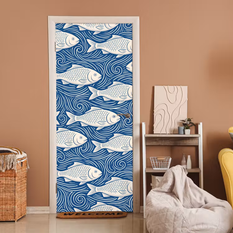 Vis - Water - Patroon - Grafisch - Blauw deurposter klein -sfeer1