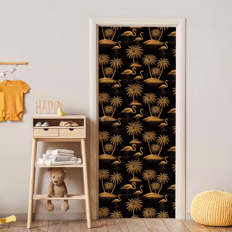 Flamingo - Palmbomen - Tropisch - Goud - Zwart deurposter klein 289 -sfeer4