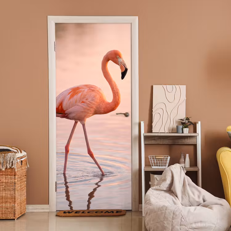 Flamingo - Water - Roze deurposter klein -sfeer1
