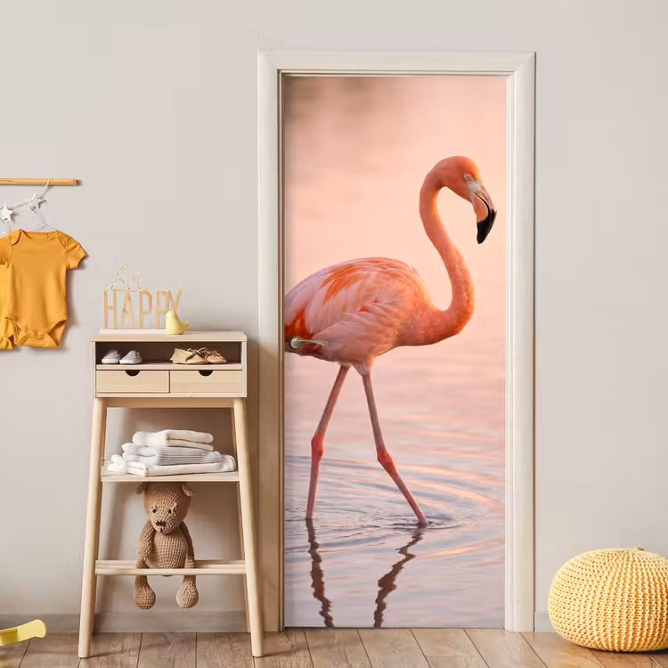 Flamingo - Water - Roze deurposter klein -sfeer4