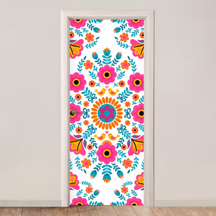 Bloemen - Vogel - Patroon - Kleurrijk - Modern deurposter klein -3d_beige