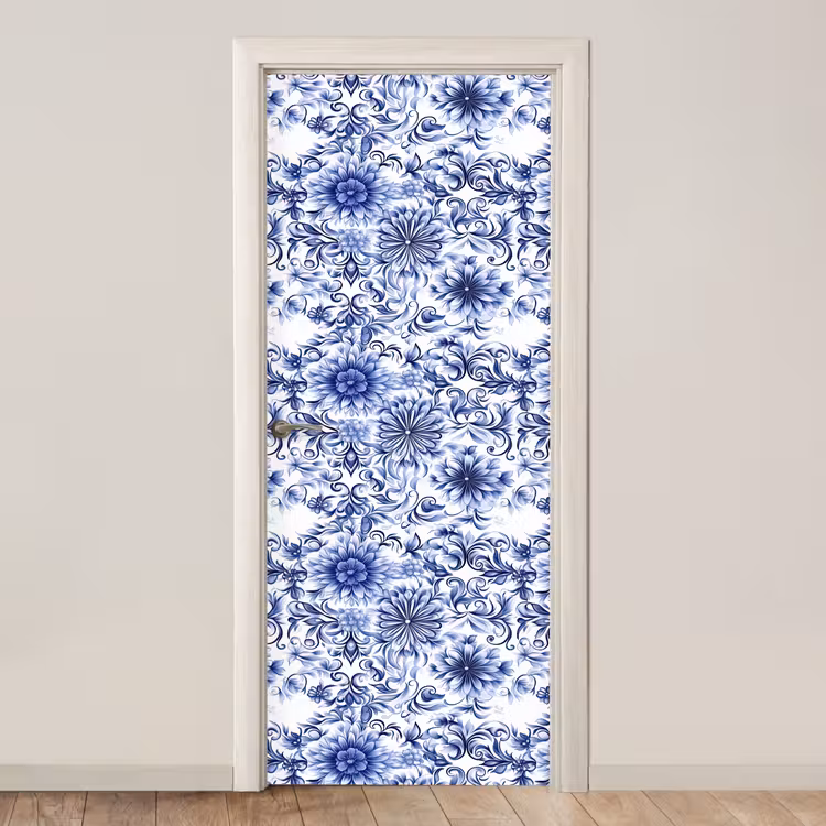 Bloemen - Blauw - Patroon - Wit deurposter klein 289 -3d_beige