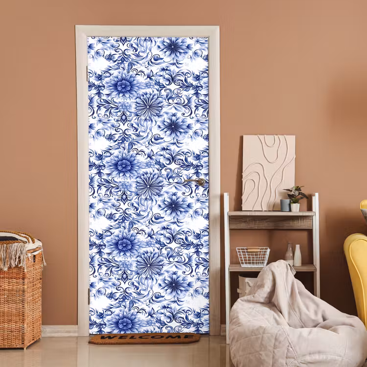 Bloemen - Blauw - Patroon - Wit deurposter klein 289 -sfeer1