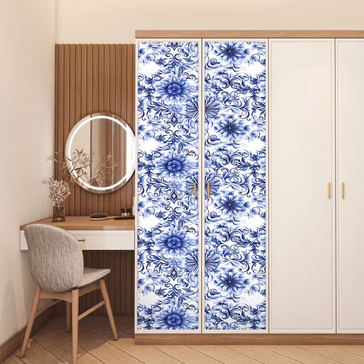 Bloemen - Blauw - Patroon - Wit deurposter klein 289 -sfeer3