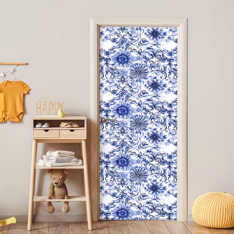 Bloemen - Blauw - Patroon - Wit deurposter klein 289 -sfeer4