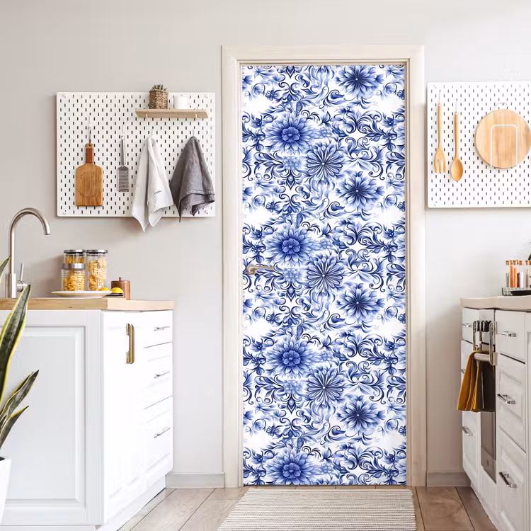 Bloemen - Blauw - Patroon - Wit deurposter klein 289 -sfeer5