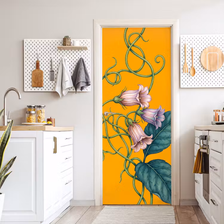 Door sticker - Flowers - Botanical - Yellow - Bloemen - Botanisch - Geel deurposter klein