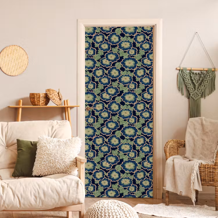 Bloemen - Borduurwerk - Patroon - Blauw - Groen deurposter klein 289 -sfeer2