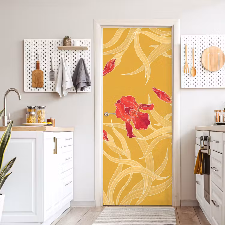 Door sticker - Flowers - Illustration - Red - Bloemen - Illustratie - Rood deurposter klein