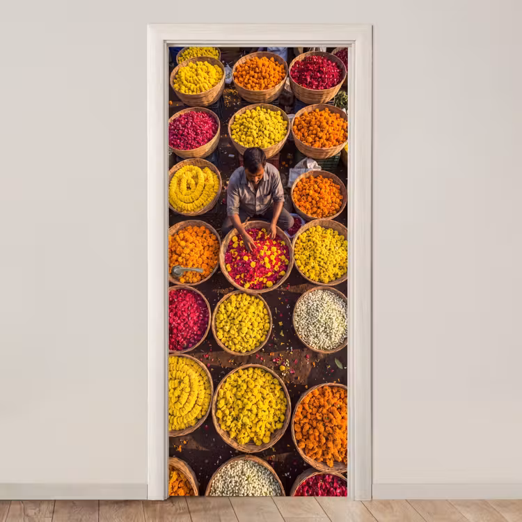 Door sticker - Flowers - Market - Colorful - Bloemen - Markt - Kleurrijk deurposter klein