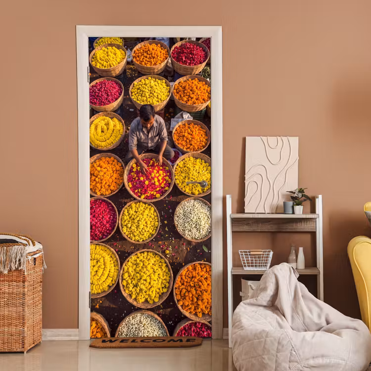 Door sticker - Flowers - Market - Colorful - Bloemen - Markt - Kleurrijk deurposter klein