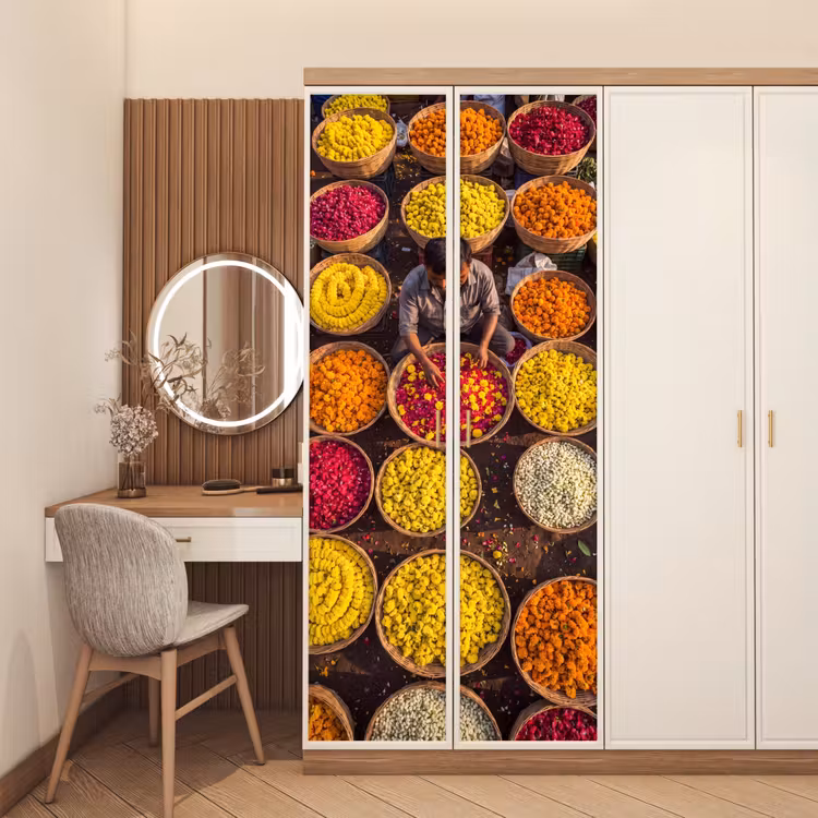Door sticker - Flowers - Market - Colorful - Bloemen - Markt - Kleurrijk deurposter klein