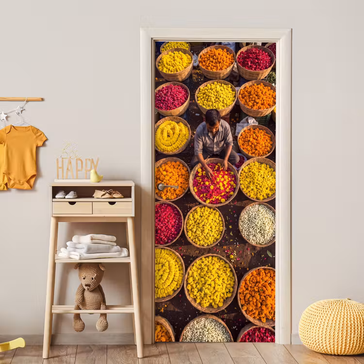 Door sticker - Flowers - Market - Colorful - Bloemen - Markt - Kleurrijk deurposter klein