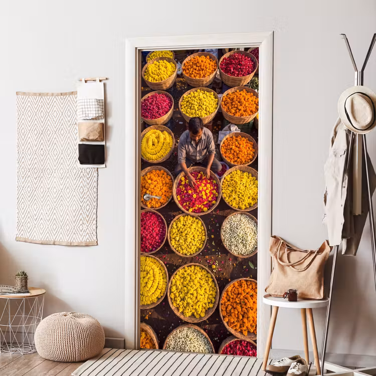 Door sticker - Flowers - Market - Colorful - Bloemen - Markt - Kleurrijk deurposter klein