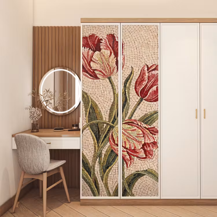 Bloemen - Mozaïek - Rood - Groen - Kunst deurposter klein -sfeer3