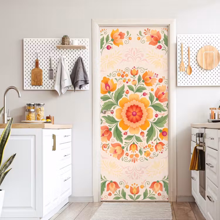 Bloemen - Patroon - Decoratief - Oranje deurposter klein -sfeer5
