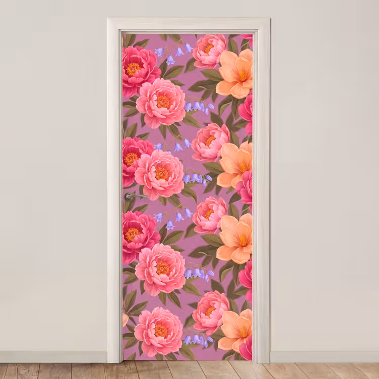 Bloemen - Patroon - Illustratie - Roze deurposter klein -3d_beige