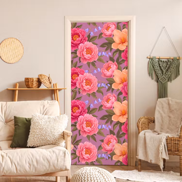 Bloemen - Patroon - Illustratie - Roze deurposter klein -sfeer2