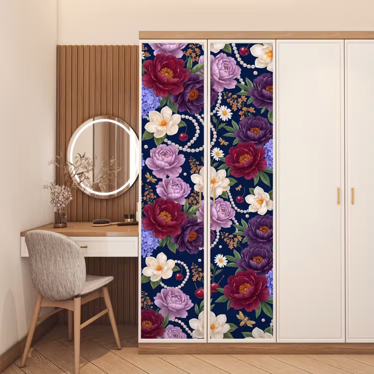 Bloemen - Parels - Decoratie - Modern - Blauw deurposter klein -sfeer3