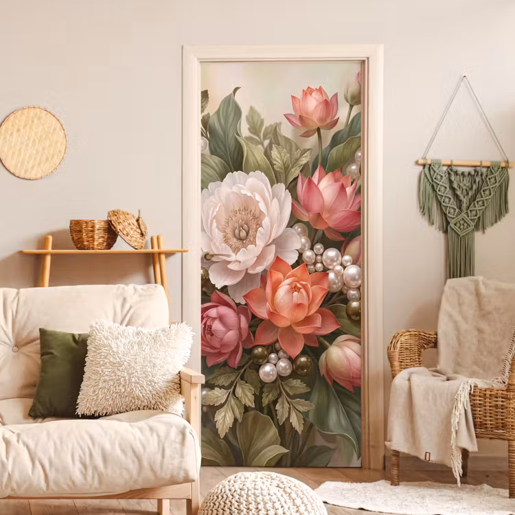 Bloemen - Parels - Elegant - Roze - Wit deurposter klein -sfeer2