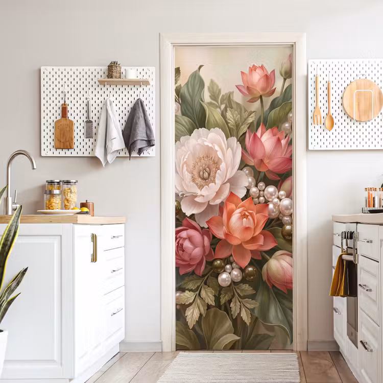 Bloemen - Parels - Elegant - Roze - Wit deurposter klein -sfeer5