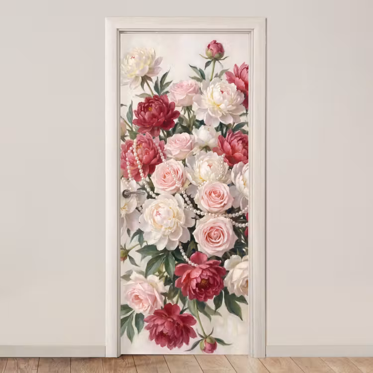 Bloemen - Parels - Romantiek - Klassiek - Roze deurposter klein -3d_beige