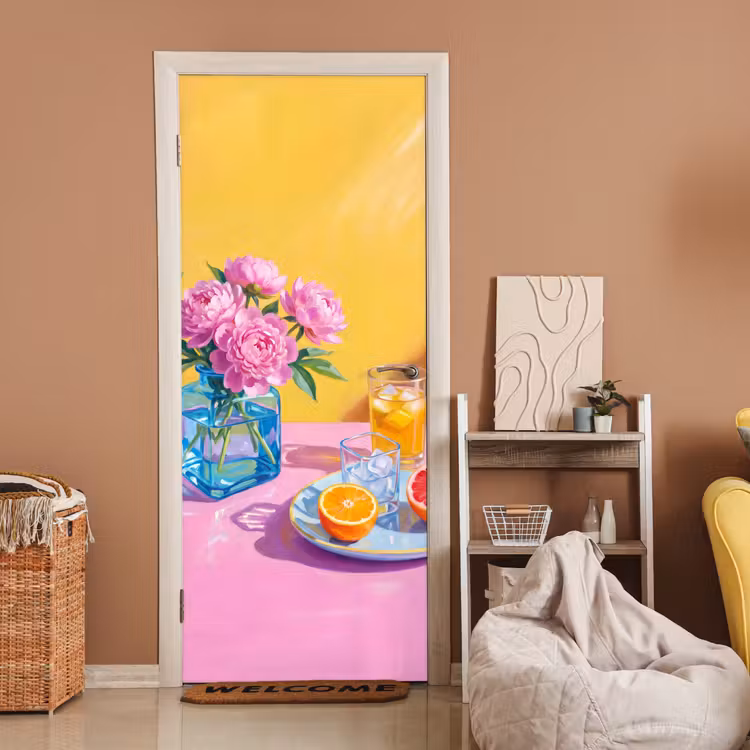 Door sticker - Flowers - Pink - Modern - Bloemen - Roze - Modern deurposter klein