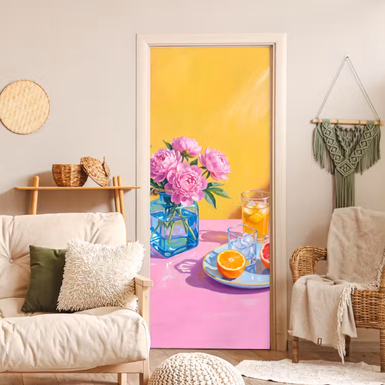 Door sticker - Flowers - Pink - Modern - Bloemen - Roze - Modern deurposter klein