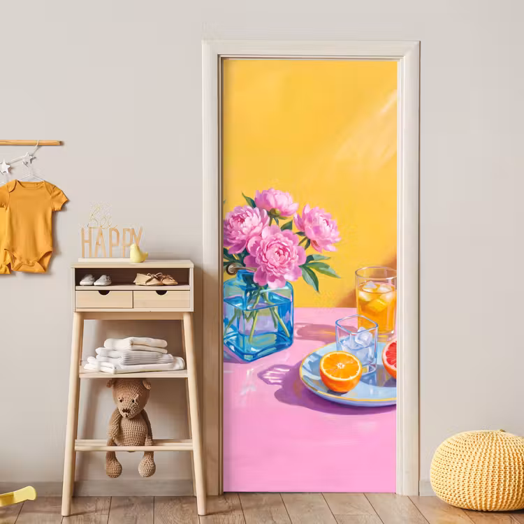 Door sticker - Flowers - Pink - Modern - Bloemen - Roze - Modern deurposter klein