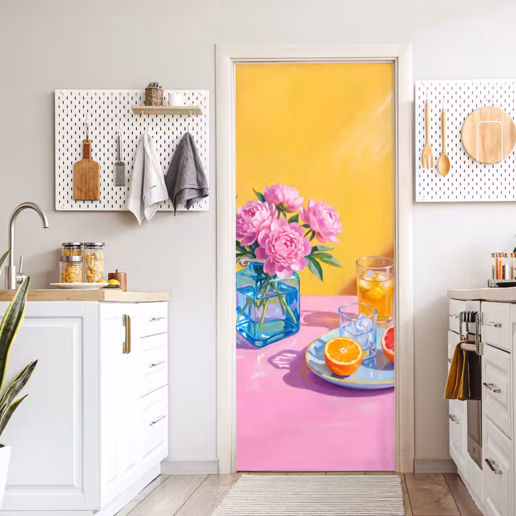 Door sticker - Flowers - Pink - Modern - Bloemen - Roze - Modern deurposter klein