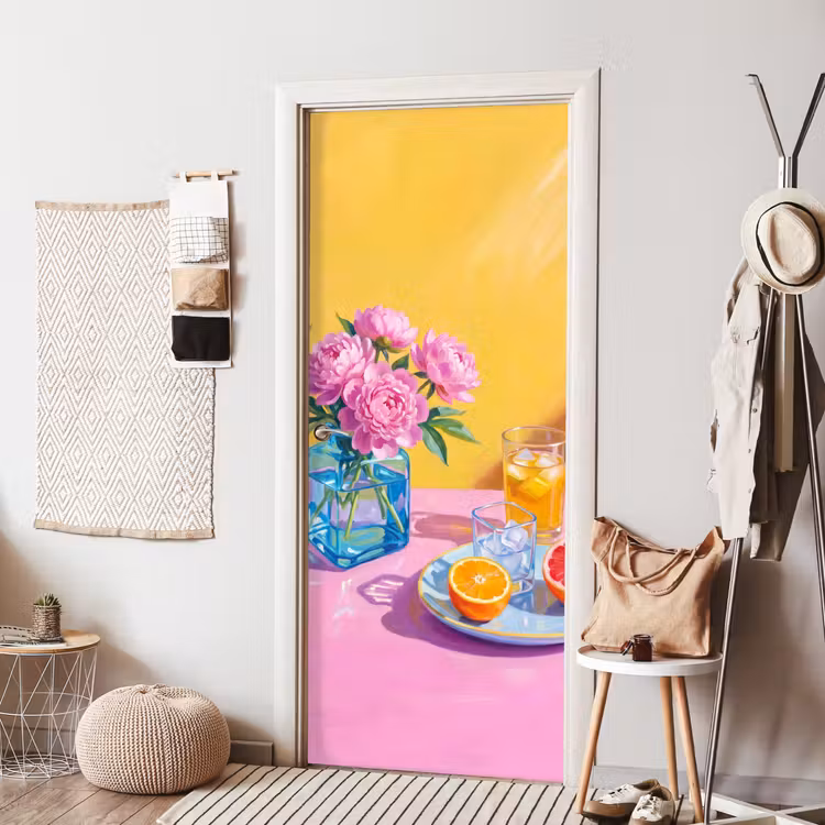 Door sticker - Flowers - Pink - Modern - Bloemen - Roze - Modern deurposter klein
