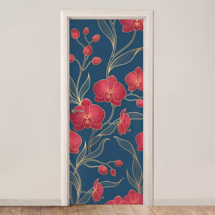 Door sticker - Flowers - Red - Gold - Bloemen - Rood - Goud deurposter klein