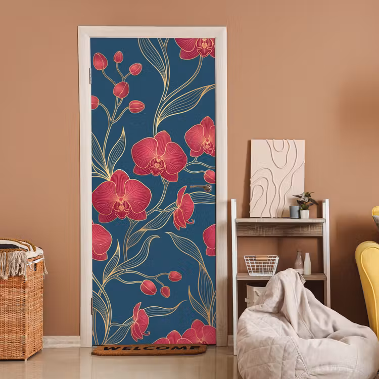 Door sticker - Flowers - Red - Gold - Bloemen - Rood - Goud deurposter klein