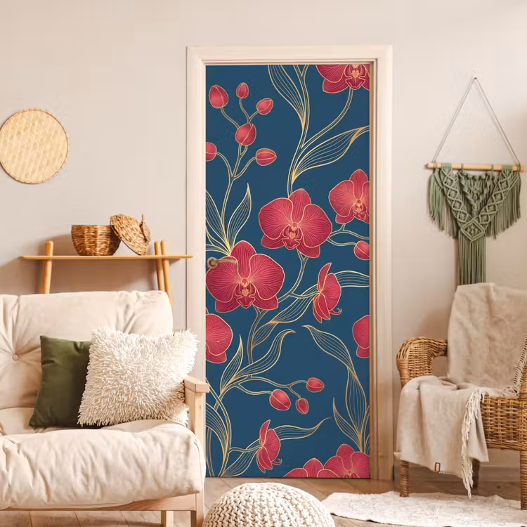 Door sticker - Flowers - Red - Gold - Bloemen - Rood - Goud deurposter klein