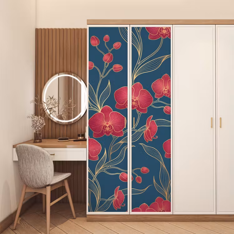 Door sticker - Flowers - Red - Gold - Bloemen - Rood - Goud deurposter klein
