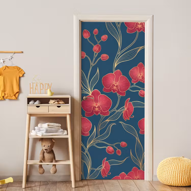 Door sticker - Flowers - Red - Gold - Bloemen - Rood - Goud deurposter klein