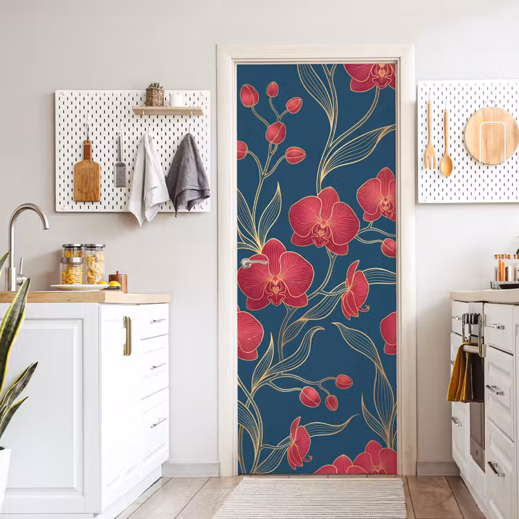 Door sticker - Flowers - Red - Gold - Bloemen - Rood - Goud deurposter klein