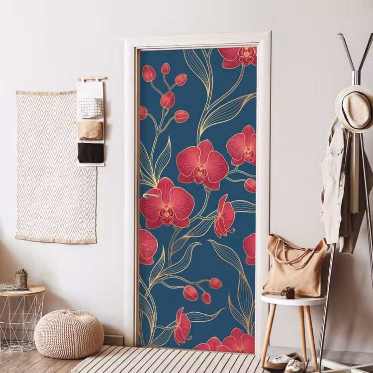 Door sticker - Flowers - Red - Gold - Bloemen - Rood - Goud deurposter klein